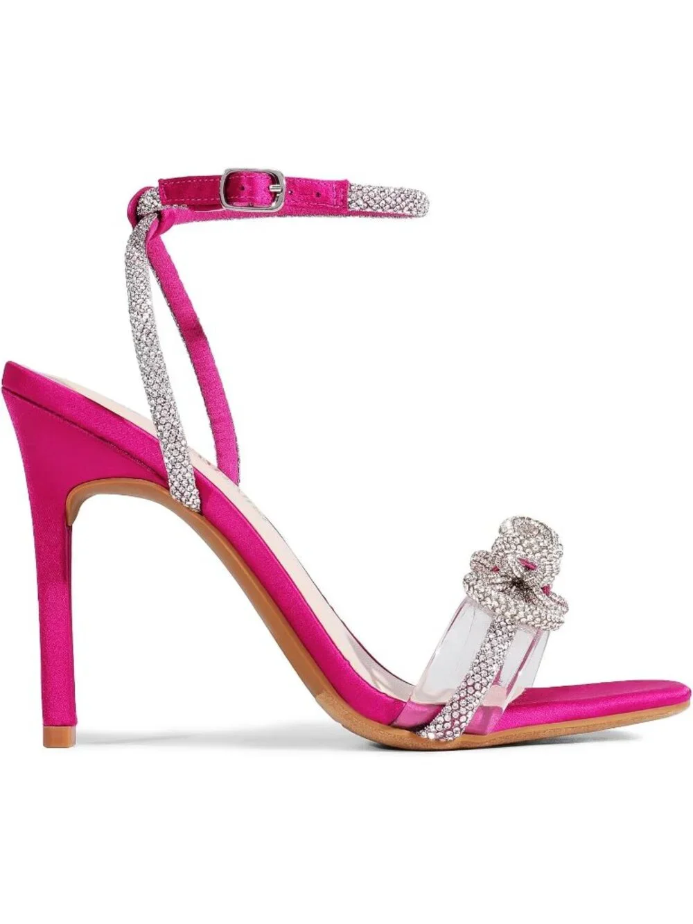 Women's Hot Pink Double Bowknots Crystal Clear Slingback Square Toe Wedding Heel